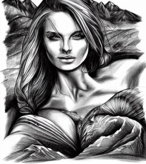 Image similar to tattoo design sketch of a beautiful woman face against a background of beautiful mountains and nature, hyper - realistic, in the style of den yakovlev, amazing detail, black and white