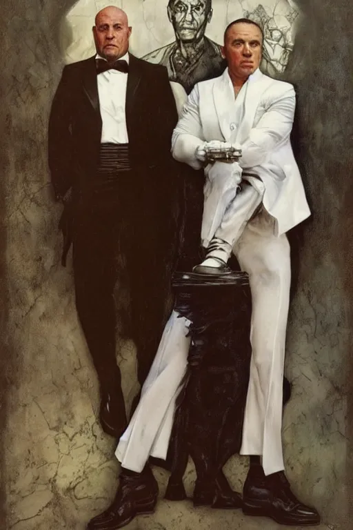 Image similar to full length portrait of morgan aste as a huge gangster wearing a white suit and spats standing beside much smaller robert deniro wearing shirt and pants, cafe in background, by lawrence alma tadema and zdzislaw beksinski and norman rockwell and jack kirby and tom lovell and greg staples