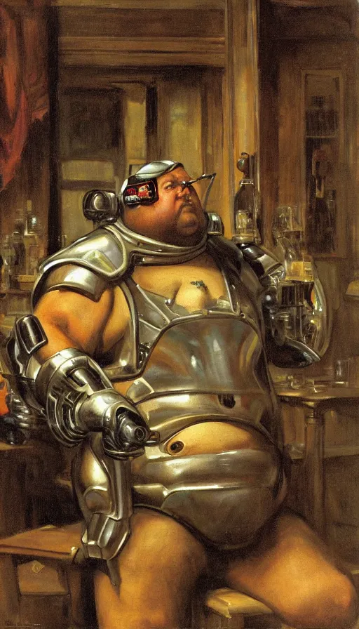 Image similar to upper body portrait of a fat armoured cyborg in an english country pub, by normal rockwell and greg staples and john singer sargent