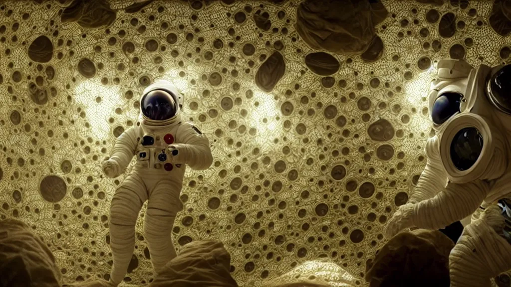 Image similar to a single astronaut eva suit interwoven with diamond 3d fractal lace iridescent bubble 3d skin and covered with insectoid compound eye camera lenses floats through the living room, film still from the movie directed by Denis Villeneuve with art direction by Salvador Dalí, wide lens,