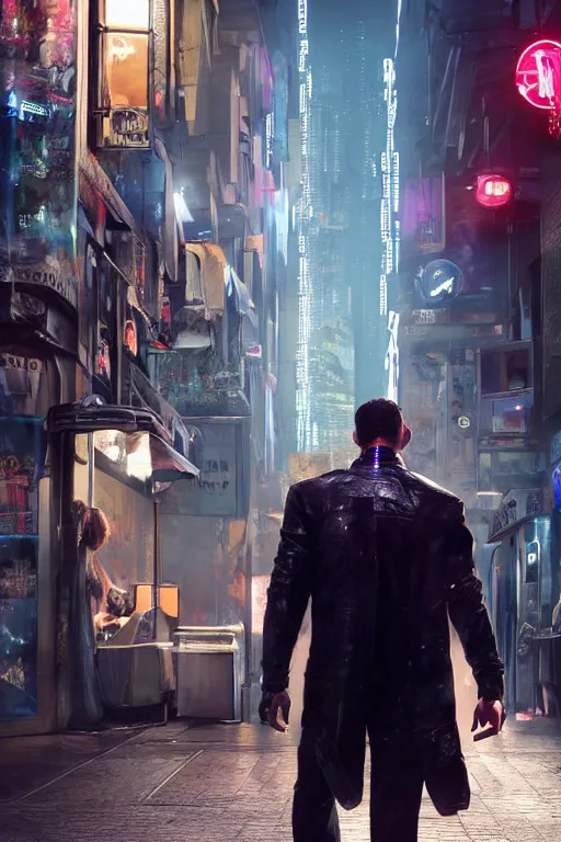 Prompt: in the foreground a Parisian street, in the background a dark-haired man from behind with flashes of electricity coming out of his hands wearing a long matrix-style jacket, realistic, high definition, many details, dramatic scene, detailed and realistic hands, symmetrical face, realistic eyes, cyberpunk art 2077