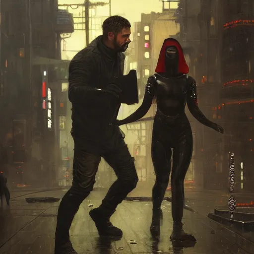 Prompt: a cat fighting frogs ( blade runner 2 0 4 9, dystopian, cyberpunk 2 0 7 7 character design ). orientalist portrait by john william waterhouse and james gurney and theodore ralli and nasreddine dinet, oil on canvas. cinematic, hyper realism, realistic proportions, dramatic lighting, high detail 4 k