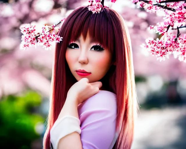 Image similar to portrait of an japanese gyaru with beautiful face and modern clothes, sakura blooming in the background, bokeh, depth of field