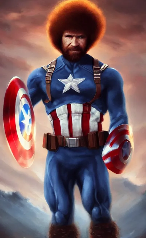 Image similar to bob ross as captain america, dynamic lighting, cinematic, ultra detailed, trending on art station, stunning visuals, creative, fantasy concept art