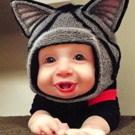 Image similar to cute cat photo, wearing wool hat, tongue mlem, cat ears