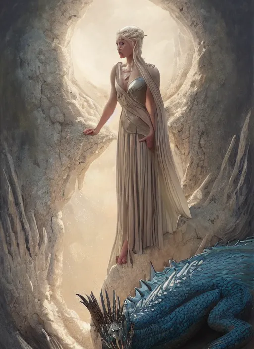 Image similar to a painting of Daenerys Targaryen in fantastic dress next to a dragon, by Jaime Jones,Tom Bagshaw,Lawrence Alma-Tadema,greg rutkowski,deviantart contest winner, fantasy art, daz3d,intricate,elegant,highly detailed,8k,digital painting,concept art, sharp focus, illustration,golden ratio