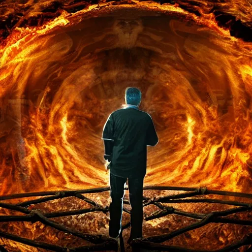 Prompt: a man getting lost in the 9th gate of hell on his way to the kitchen