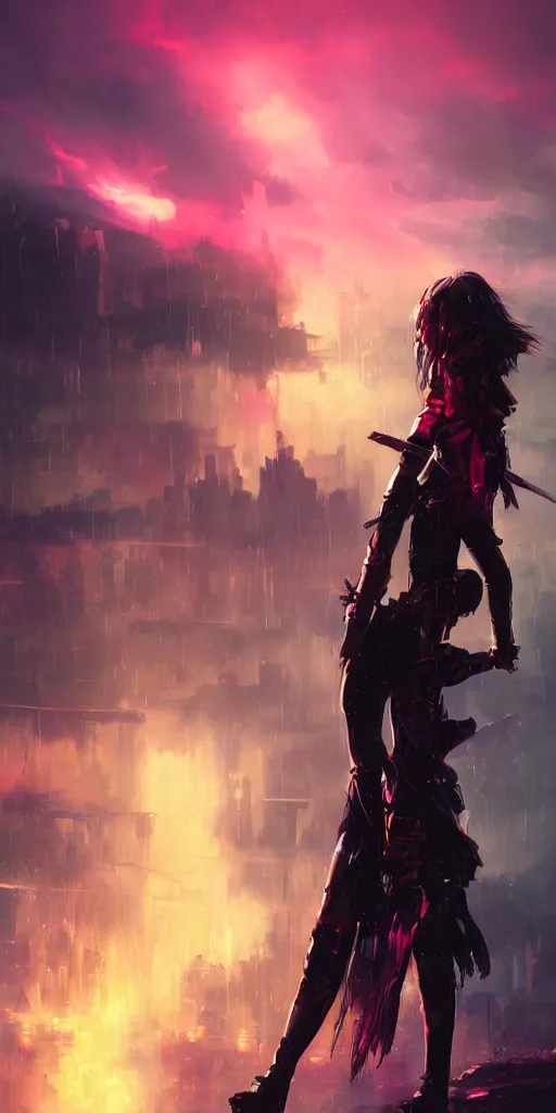 Image similar to back shot of one beautiful girl warrior in punk jacket gazing back into distance land, holding two swords that glows in neon red. standing on wet road, digital art by wlop. artstation contest winner, cinematic paint. lower shot. dramatic cloud and ruined city in background. blade runner