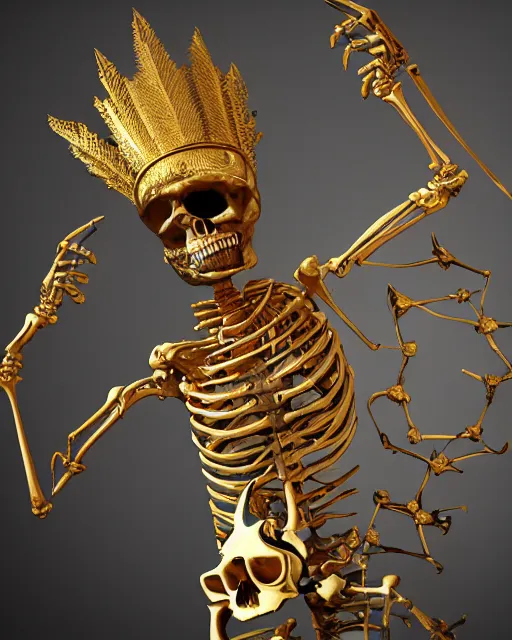 Prompt: a skeleton wearing a gold headdress and a gold crown, a 3D render by Friedrich Traffelet, zbrush central contest winner, vanitas, apocalypse art, ornate, darksynth