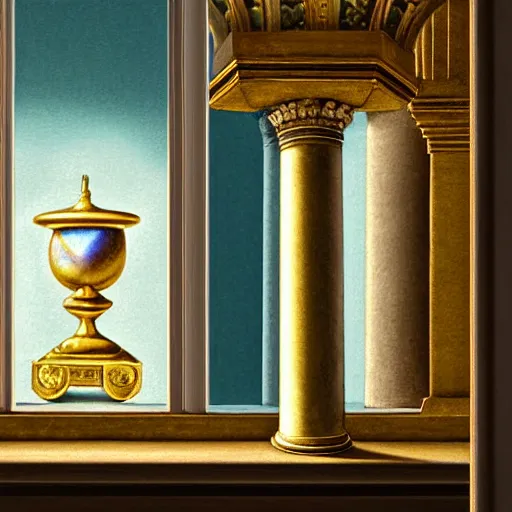 Image similar to still life painting of a room with a balcony and a marbled pedestal displaying an ancient holy artifact, centered in frame and shaped like signet ring, chromed and ornate with gentle iridescent shine from within. perspective from the side. realistic light and shadows. moody fantasy art, still life renaissance pastel painting. close up