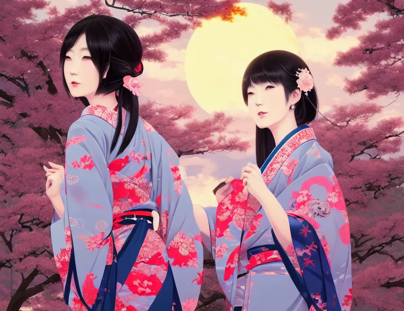 Image similar to two beautiful charming japan girls wear arty kimono in festival | | sunny night, full moon, dreamlike art, realistic shaded, smile, good looking, hyper details, 4 k realistic, cryengine, realistic shaded lighting poster by ilya kuvshinov, fuji choko, ross tran, 8 k resolution, trending on artstation, luxury