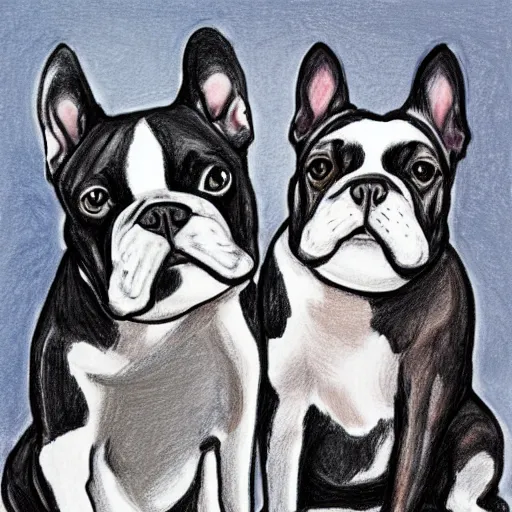 Image similar to two lovers and a black french bulldog, kid's drawing