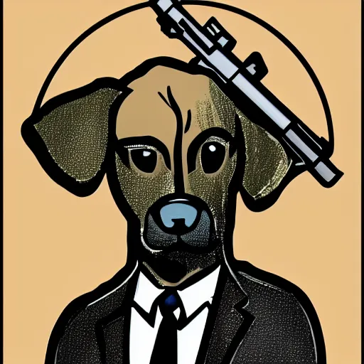 Image similar to a sticker illustration of a man with a dog head wearing a suit and holding a gun