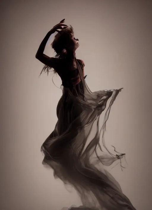 Image similar to a Photorealistic dramatic hyperrealistic render of a beautiful Female smoke dancer by Ken Brower and Deborah Ory of NYC Dance project,Lois Greenfield,Flowing cloth and smoke,Beautiful dynamic dramatic dark moody lighting,volumetric,shadows,cinematic atmosphere,Octane render,8K