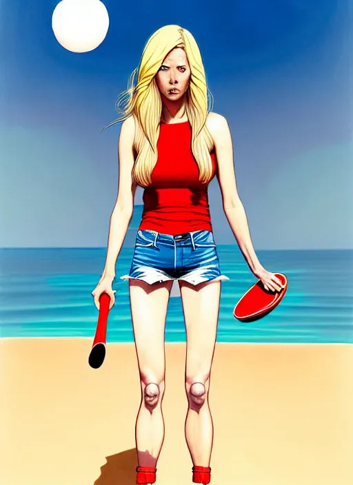 Image similar to , a gorgeous hulking beast of a woman with very long hip-length blonde hair, happy sunny day, wearing a cut-off white top and red dirt cut-off shorts standing by the water, beach tennis, modern architecture, in the style of artgerm and moebius and annie liebovitz, marvel comics, photorealistic, highly detailed, trending on artstation, Gediminas Pranckevicius