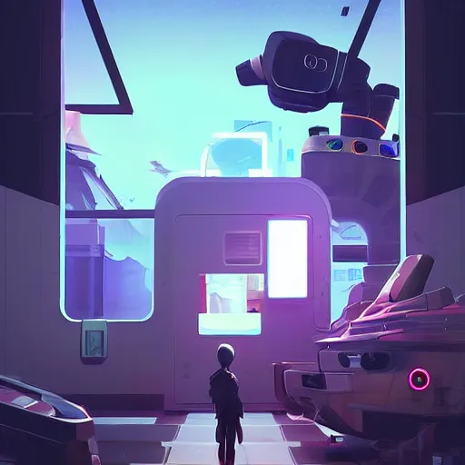 Image similar to stylish colors. Sci-fi gas station in style of cytus and deemo, mysterious vibes, set in half-life 2, beautiful with eerie vibes, very inspirational, very stylish, surrealistic, perfect digital art, mystical journey in strange world, bastion game