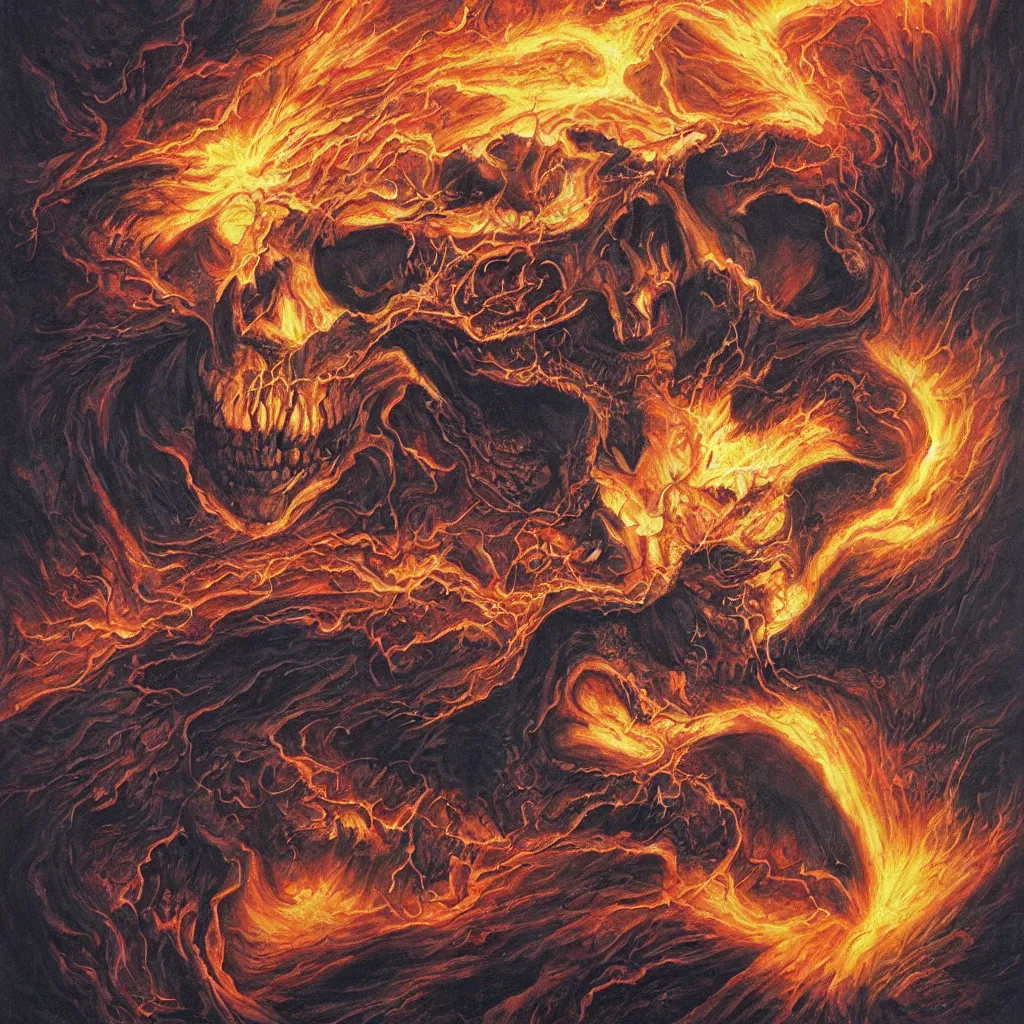 Image similar to an active supervolcano exploding with fire and thick smoke in the shape of a demonic skull by dan seagrave art