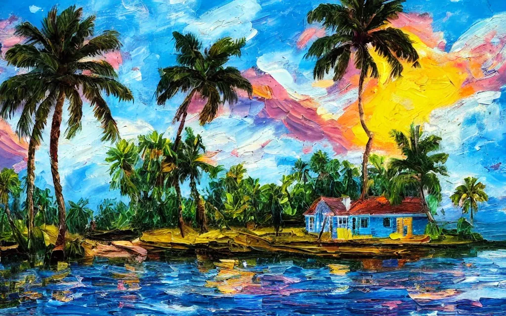 Prompt: a tiny island surrounded by water with a cozy cottage, with a paved garden courtyard with benches, palm trees, river, sunset, puffy clouds, dramatic and dynamic lighting, thick brush strokes oil impasto painting