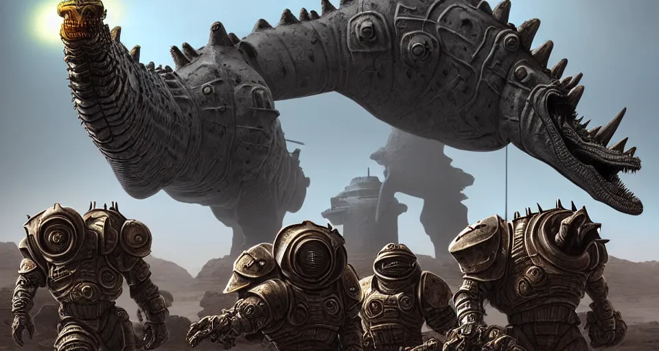 Prompt: pixar running dinosaurs googly eyes, military tank fury road iron smelting pits dark souls armour, highly detailed cinematic scifi render of 3 d sculpt of spiked gears of war skulls bucketwheel jabbas palace, military chris foss, john harris, hoover dam'aircraft carrier tower'beeple, warhammer 4 0 k, halo, halo, mass effect
