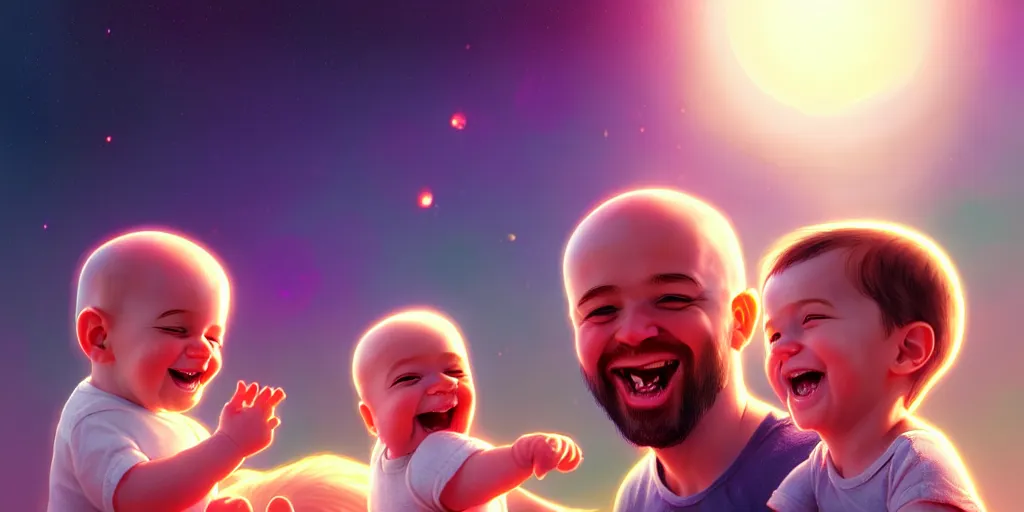 Image similar to epic professional digital art of a happy baby boy with his two fathers, best on artstation, cgsociety, wlop, cosmic, epic, stunning, gorgeous, much detail, much wow, masterpiece, backlight