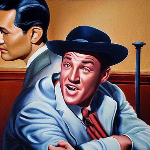 Image similar to beautiful lifelike painting of gene kelly demanding a refund on undercooked overpriced dinosaur steak in downtown dive bar bistro, hyperreal detailed facial features and uv lighting, art by osamu sato and ryu noguchi