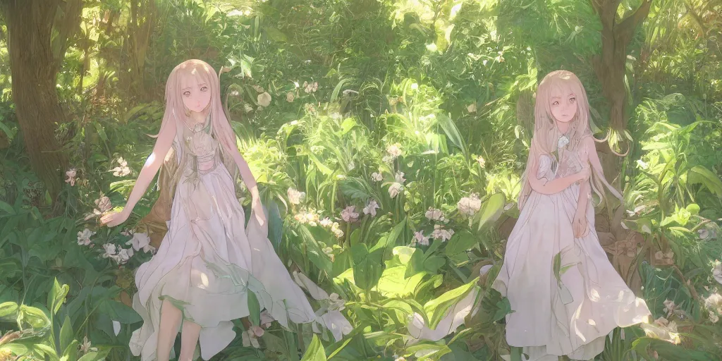 Image similar to a digital art of a loli with long hair in a dress in the privet garden at after noon, green and warm theme, by krenz cushart and mucha and akihito yoshida and greg rutkowski and makoto shinkai, long shot, back lighting, detailed eyes, 4 k resolution, trending on art station