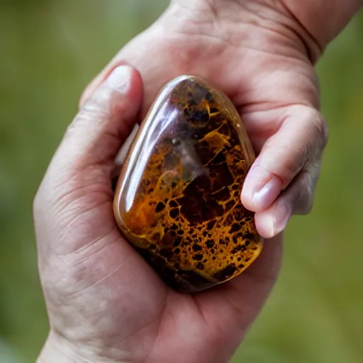 Image similar to human female trapped inside amber stone held in palm of hand