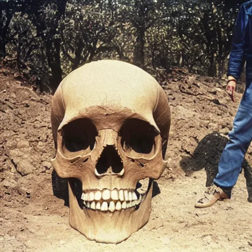 Image similar to Giant skull found at excavation site, an archaeologist stands next to the skull and is dwarfed by it, damaged 80s polaroid color photo