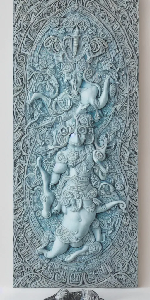 Image similar to intricate colourfully painted carved Soapstone relief paneling, white and pale blue , celestial, piggy, pig goddess, mother earth, Earth Goddess mythology, Gaia, angels, divinity, Ghostly, crystaline celtic, insanly detailed , artstation, wallpaper, hyper realistic, realistic lighting