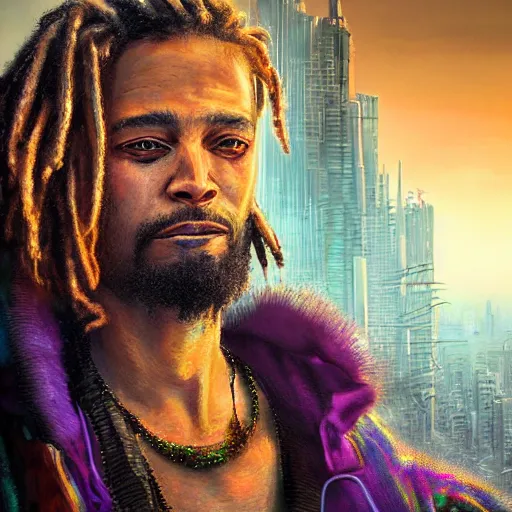 Image similar to cyberpunk, closeup portrait of a shaggy cyberpunk rastafarian, tired, stubble beard, washed up, dramatic light, city background, sunset, dystopian setting, high contrast, sharp, neuromancer, henry dorsett case, painted by stanley lau, painted by greg rutkowski, painted by stanley artgerm, digital art, trending on artstation