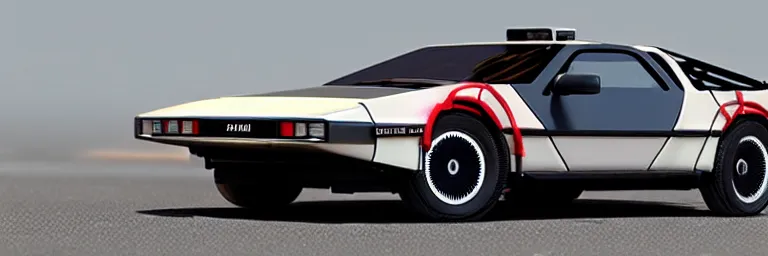 Image similar to a single delorean and tesla roadster hybrid, dslr