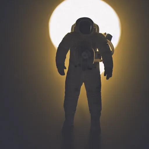 Image similar to astronaut silhouette lit from offcamera, dark background, lit from below, full body photo,, 8 k