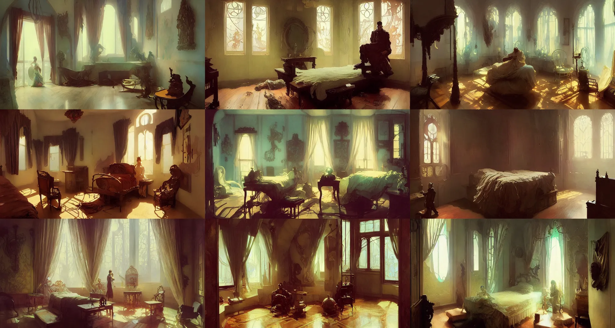 Prompt: small bedroom, minimalistic, art nouveau architecture, fantasy, art by joseph leyendecker, ivan aivazovsky, ruan jia, reza afshar, marc simonetti, alphonse mucha