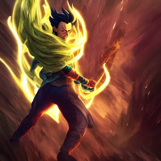 Prompt: loki going super sayain, au naturel, hyper detailed, digital art, trending in artstation, cinematic lighting, studio quality, smooth render, unreal engine 5 rendered, octane rendered, art style by klimt and nixeu and ian sprigger and wlop and krenz cushart