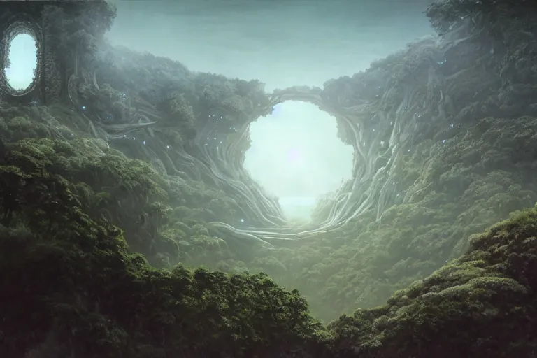 Image similar to Brutalist Shiro, Gleaming White, fey magical lighting, overlooking a valley, Himeji Rivendell overlooks the Garden of Eden, terraced orchards and ponds, lush fertile fecund, fruit trees, cinematic lighting, dawn, amazing concept painting, by Jessica Rossier by HR giger by Beksinski