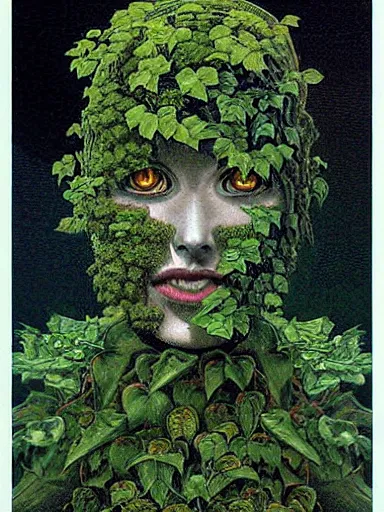 Image similar to The Hanging-Gardens of Pareidolia, ivy, verbena and pothos growing facial features and optical-illusions, aesthetic!!!!!!, by Gerald Brom in the style of Johfra Bosschart in the style of,