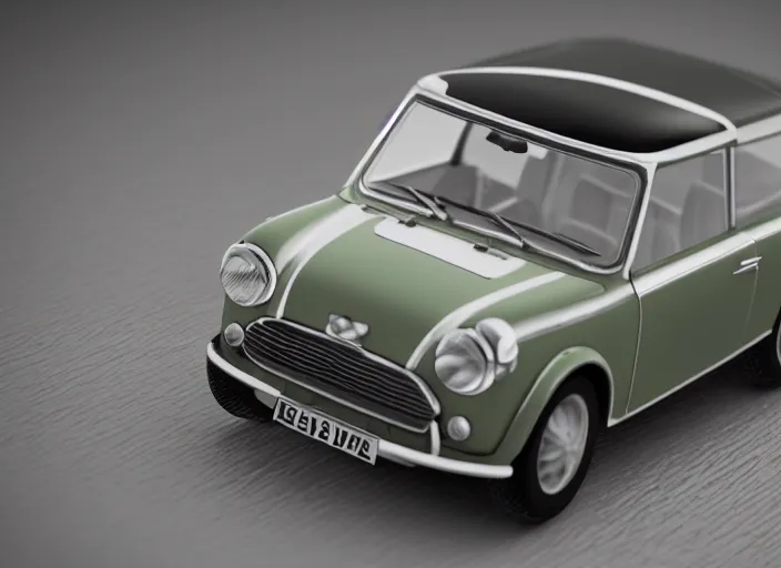 Image similar to a small miniature of a Mini Cooper S 1963 on a white table near a vase with a plant, 3d render, octane render, unreal engine 5, path tracing, serene landscape, calm, relaxing, beautiful landscape, highly detailed, high quality, 4k, symmetrical, low contrast, view from above