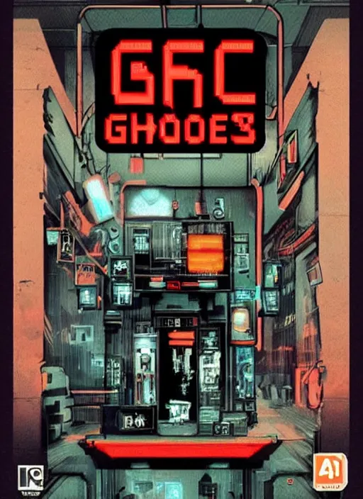 Prompt: retro video game box art for a game about cybernetic ghosts and paranormal noir