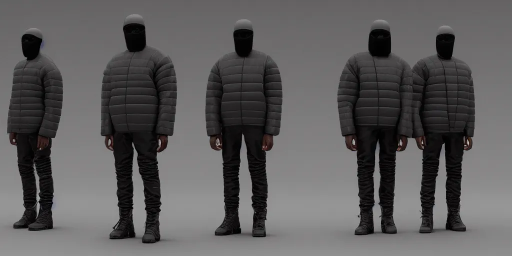 Prompt: kanye west using a full face covering black mask, a small, tight, undersized reflective bright blue round puffer jacket made of nylon, reflective jeans pants made of nylon and big black balenciaga rubber boots in 3 d, blender, octane render, 3 d render, realistic, unreal engine, trending on sketchfab, studio light, 4 k, 8 k