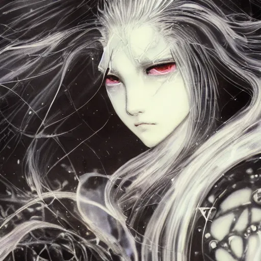 Prompt: yoshitaka amano blurred and dreamy illustration of an anime girl with wavy white hair and cracks on her face wearing elden ring armour with the cape fluttering in the wind, abstract black and white patterns on the background, noisy film grain effect, highly detailed, renaissance oil painting, weird portrait angle