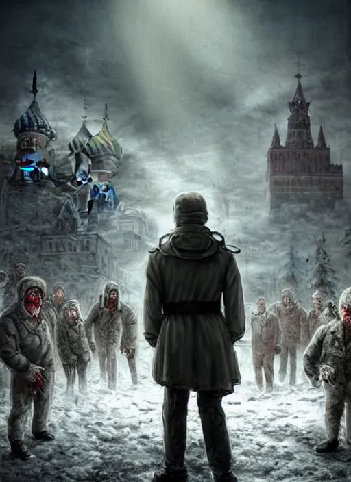 Prompt: portrait of ( ( ( vladimir putin ) ) ) in long panties in apocalyptic moscow ( with his zombie army ), unreal engine, nicoletta ceccoli, mark ryden, earl norem, lostfish, global illumination, god rays, detailed and intricate environment