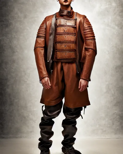 Image similar to a fashion editorial photo of a brown extremely baggy short ancient medieval designer menswear leather motorcycle jacket with an oversized collar and baggy bootcut trousers designed by alexander mcqueen, 4 k, studio lighting, wide angle lens