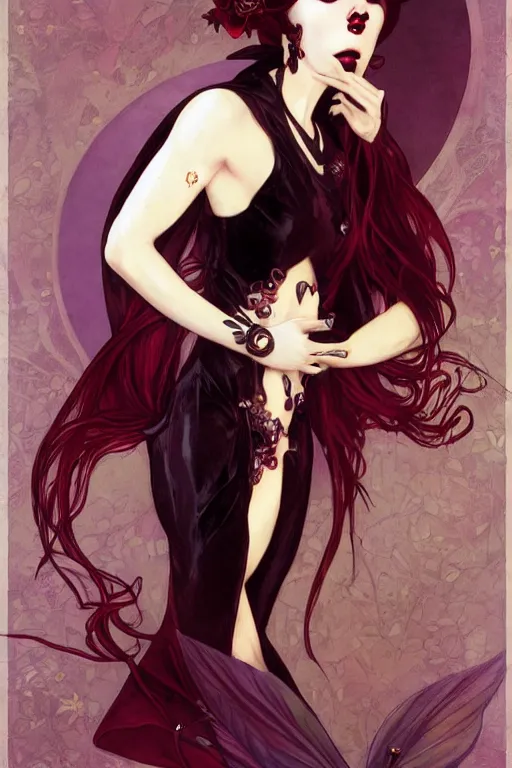 Prompt: androgynous vampire, flowerpunk, trending on art station, by brom, mucha, artgerm, natalie shau