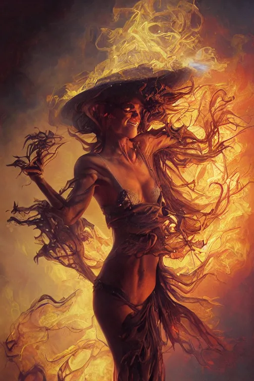 Image similar to a smiling claudia black melting into smoke highly detailed, james gurney, alan lee, michael cheval, peter mohrbacher, boris vallejo, jessica rossier, oil painting