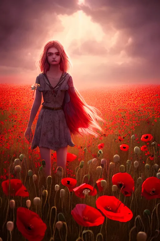 Image similar to epic Beautiful art portrait of a light elemental girl in a poppy' field , atmospheric lighting, intricate detail, cgsociety, hyperrealistic, octane render, RPG portrait, ambient light, dynamic lighting