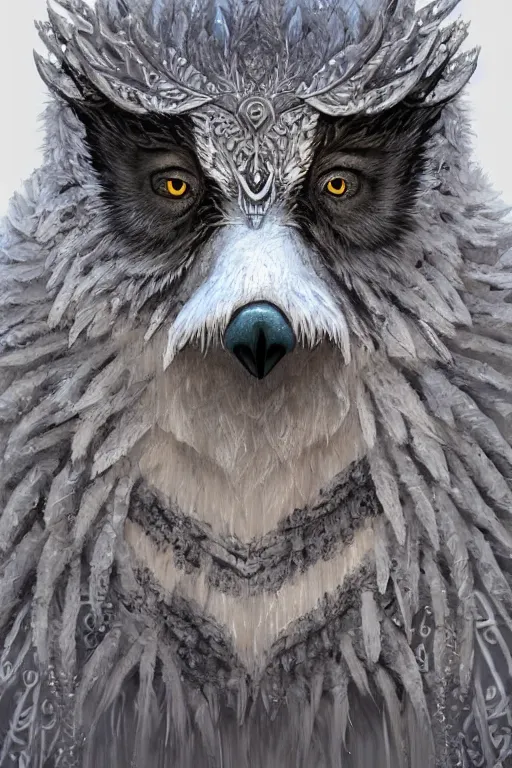 Prompt: a beautiful closeup shot from a fantasy film of a humanoid grey owlbear wearing a loose tunic. an anthropomorphic owlbear. fantasy, frown, intricate, elegant, highly detailed, digital painting, artstation, concept art, matte, sharp focus, illustration, art by artgerm and greg rutkowski and alphonse mucha