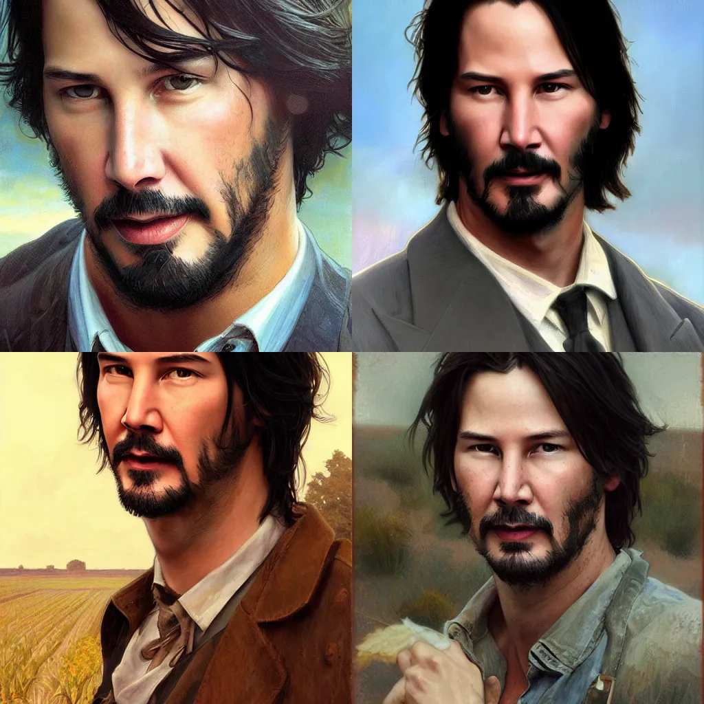 Prompt: young keanu reeves as a farmer, handsome, romance novel cover, face, intricate, dreamy, elegant, digital painting, artstation, smooth, sharp focus, art by artgerm and greg rutkowski and alphonse mucha