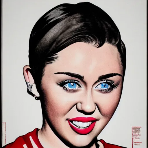 Image similar to propaganda poster, miley cyrus, close up, portrait, shouting