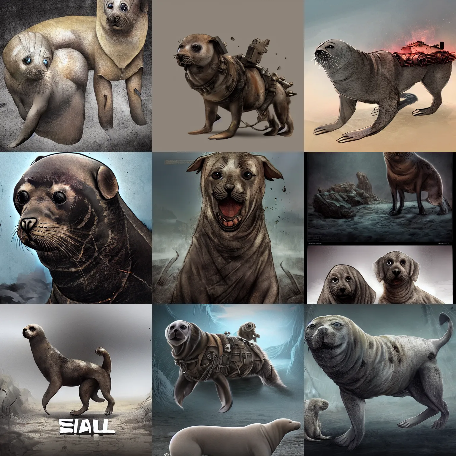 Prompt: seal dog chimera, post apocalyptic, award winning digital art, featured on artstation