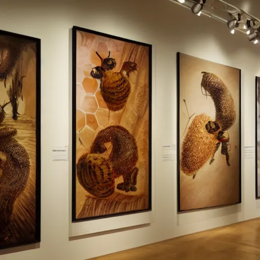 Prompt: winnie the pooh goes to an exhibition about honey, paintings of honey comb, sculptures of bees, white gallery, contemporary art, photorealistic